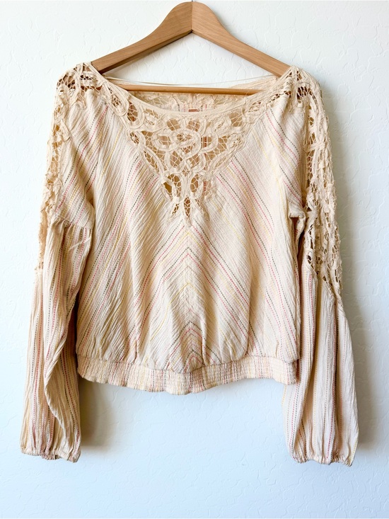 Free People Tops - Free People Cream Crochet-Trim Striped Top